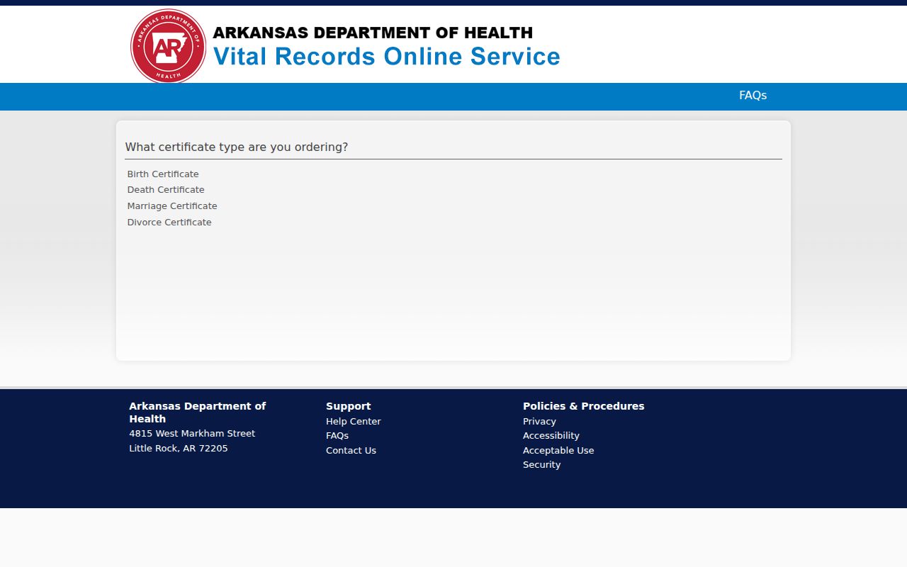 Arkansas people search ADH vital record order selector