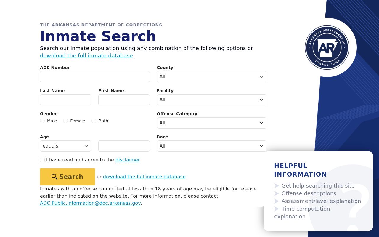 Arkansas people search Department of Corrections inmate search